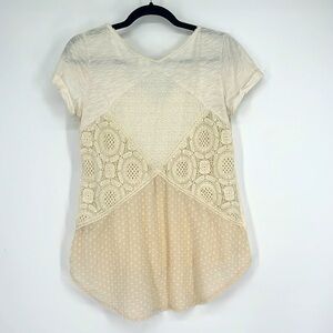 Meadow Rue Anthropologie Lace Crochet Top Tee Short Sleeves Boho Cottage Beige M